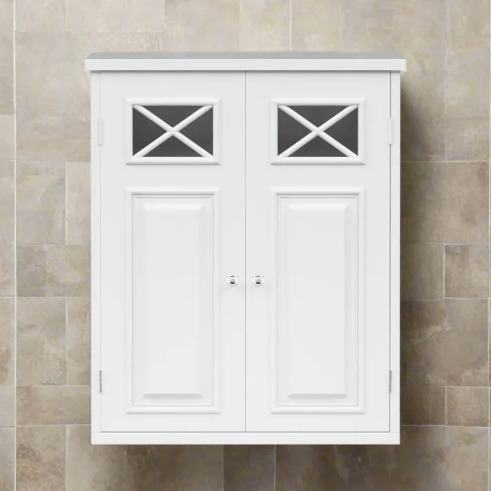 Teamson Home Dawson Removable Two-Door Wall Cabinet with Decorative Glass Panels, White