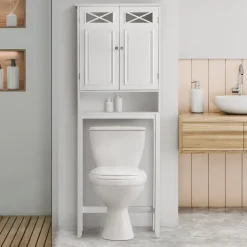 Teamson Home Dawson Two-Door Over-the-Toilet Cabinet with Decorative Glass Panels, White- FINAL SALE