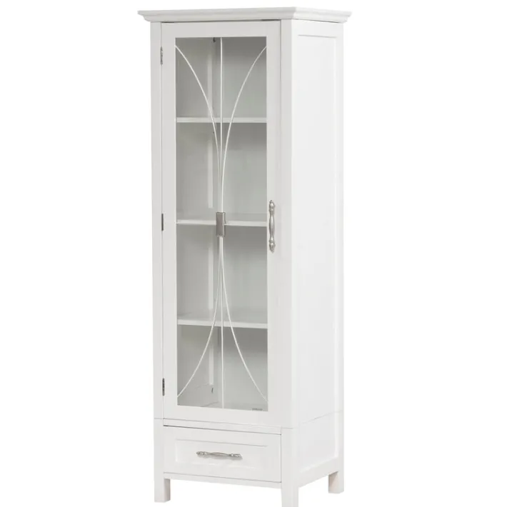 Teamson Home Delaney Freestanding Linen Cabinet with Cathedral Glass Panel Door, White