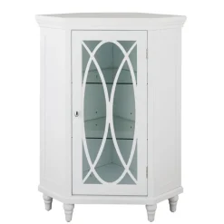 Teamson Home Florence Corner Floor Cabinet with Decorative Glass Paneled Door, White- FINAL SALE