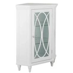 Teamson Home Florence Corner Floor Cabinet with Decorative Glass Paneled Door, White- FINAL SALE