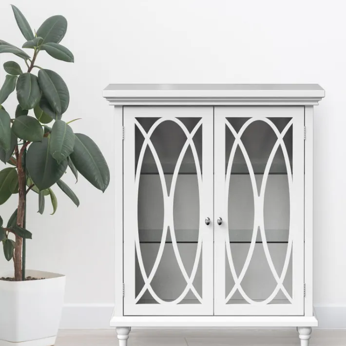 Teamson Home Florence Freestanding Two-Door Floor Cabinet with Decorative Glass Panels, White