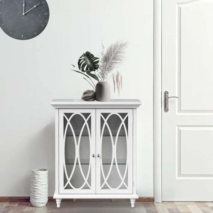 Teamson Home Florence Freestanding Two-Door Floor Cabinet with Decorative Glass Panels, White