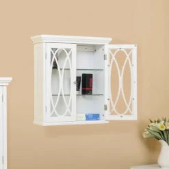 Teamson Home Florence Removable Two-Door Wall Cabinet with Decorative Glass Panels, White