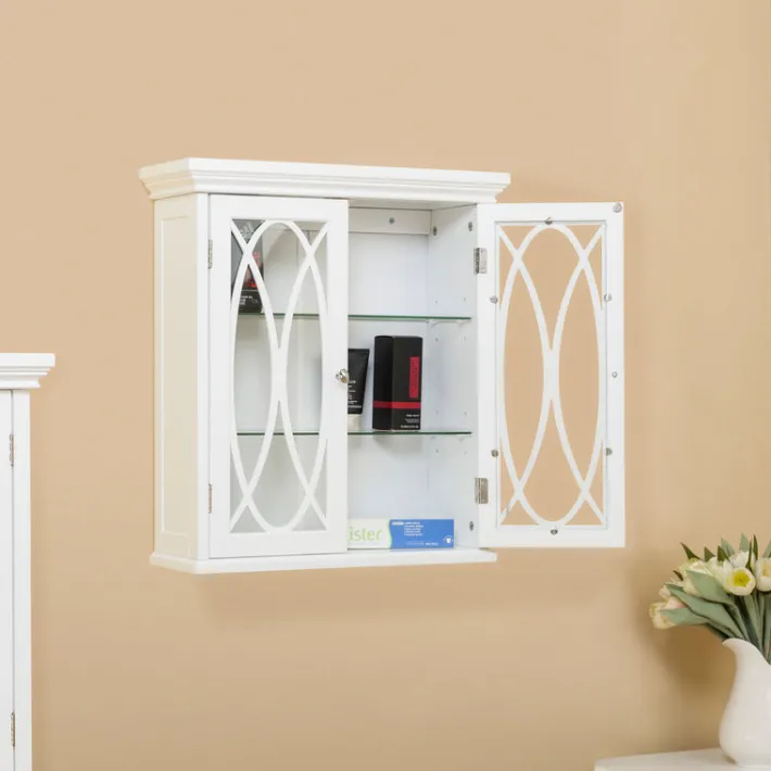 Teamson Home Florence Removable Two-Door Wall Cabinet with Decorative Glass Panels, White