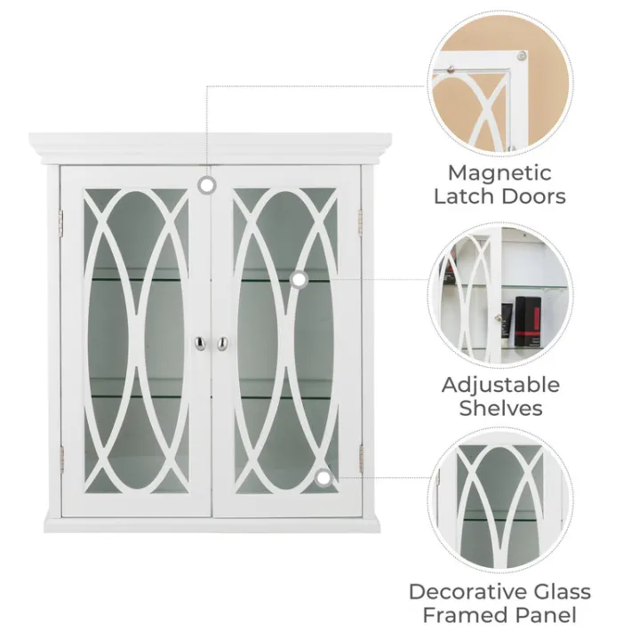 Teamson Home Florence Removable Two-Door Wall Cabinet with Decorative Glass Panels, White