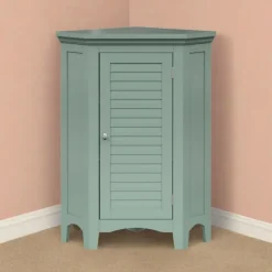 Teamson Home Glancy Corner Floor Cabinet with Faux Louvered Door, Sage Green