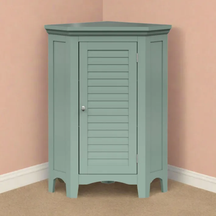 Teamson Home Glancy Corner Floor Cabinet with Faux Louvered Door, Sage Green