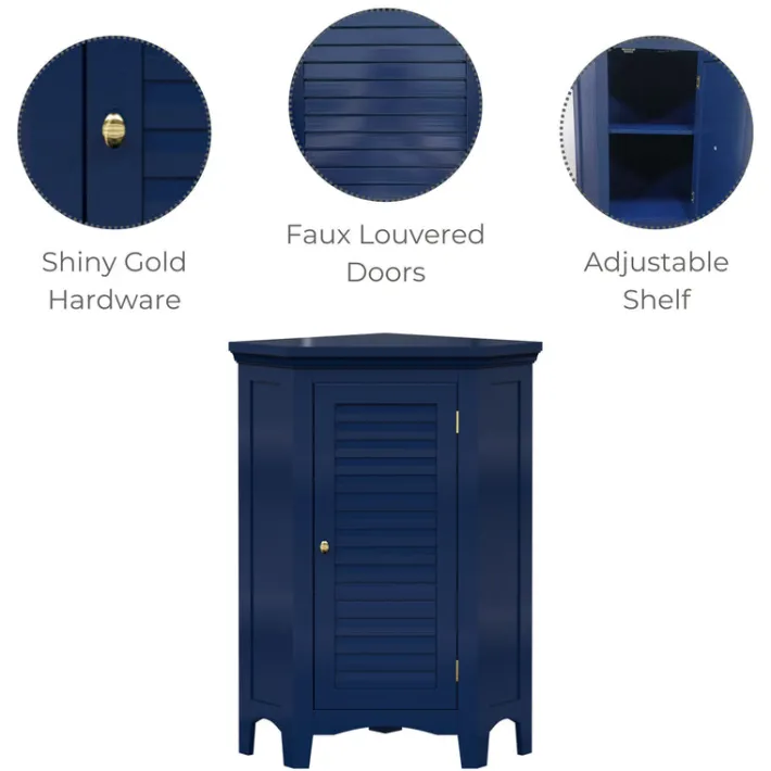 Teamson Home Glancy Corner Floor Cabinet with Faux Louvered Door, Navy