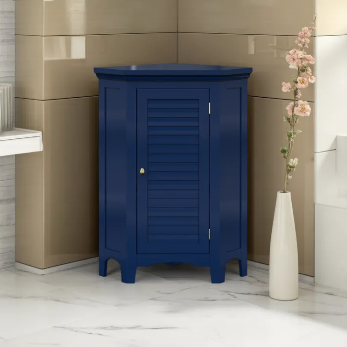 Teamson Home Glancy Corner Floor Cabinet with Faux Louvered Door, Navy