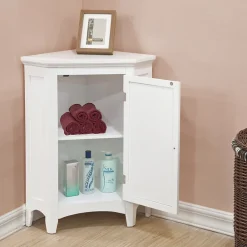 Teamson Home Glancy Freestanding Corner Floor Cabinet with Faux Louvered Door, White