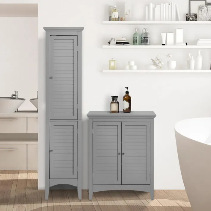 Teamson Home Glancy Freestanding Linen Tower with Two Faux Louvered Doors, Gray- FINAL SALE