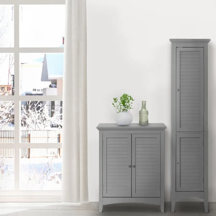 Teamson Home Glancy Freestanding Linen Tower with Two Faux Louvered Doors, Gray- FINAL SALE
