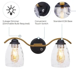 Teamson Home Heidi 2-Light Bathroom Vanity Wall Sconce Light with 3-Stage Touch Dimmer, Black/Brass