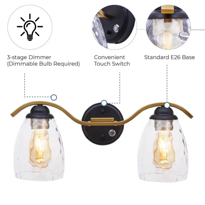 Teamson Home Heidi 2-Light Bathroom Vanity Wall Sconce Light with 3-Stage Touch Dimmer, Black/Brass