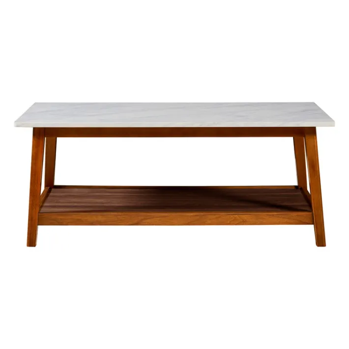 Teamson Home Kingston Coffee Table with Storage and Marble-Look Top, Marble/Walnut