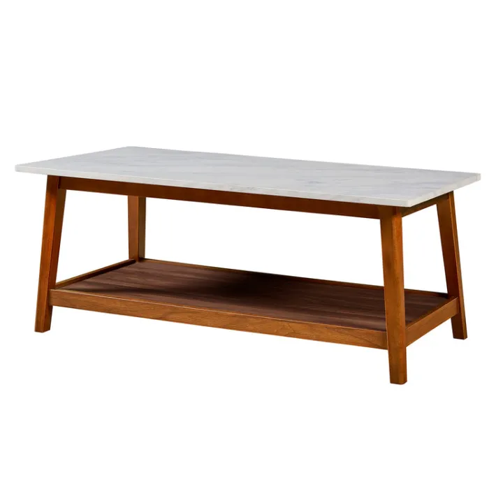 Teamson Home Kingston Coffee Table with Storage and Marble-Look Top, Marble/Walnut
