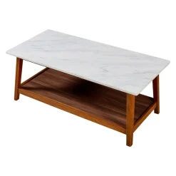 Teamson Home Kingston Coffee Table with Storage and Marble-Look Top, Marble/Walnut