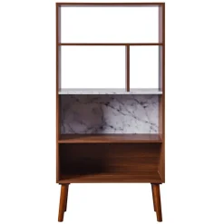 Teamson Home Kingston Wooden Bookcase with Faux Marble Shelf & Accents, White/Walnut -FINAL SALE
