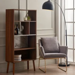 Teamson Home Kingston Wooden Bookcase with Faux Marble Shelf & Accents, White/Walnut -FINAL SALE
