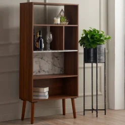 Teamson Home Kingston Wooden Bookcase with Faux Marble Shelf & Accents, White/Walnut -FINAL SALE