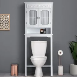 Teamson Home Lisbon Over-the-Toilet Cabinet with Drapery-Lined Doors, White- FINAL SALE