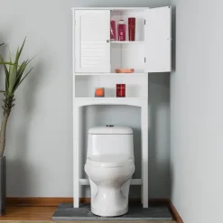 Teamson Home Louis Over-the-Toilet Cabinet with Faux Louvered Doors and Fixed Exterior Shelf, White