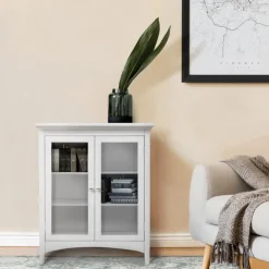 Teamson Home Madison Freestanding Two-Door Floor Cabinet with Tempered Glass Panels, White