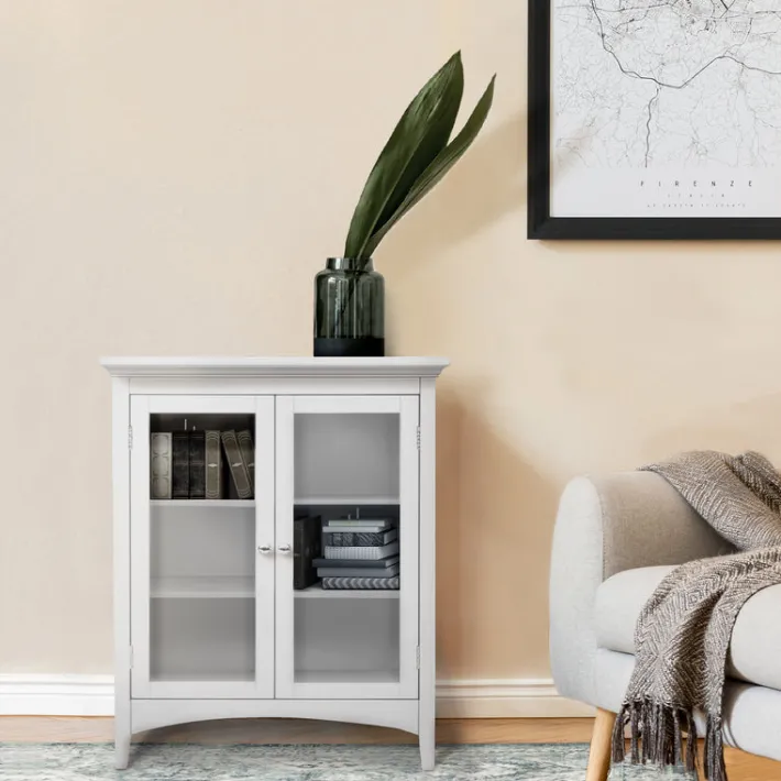Teamson Home Madison Freestanding Two-Door Floor Cabinet with Tempered Glass Panels, White