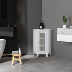 Teamson Home Madison Freestanding Corner Floor Cabinet with Tempered Glass Panel, White -FINAL SALE