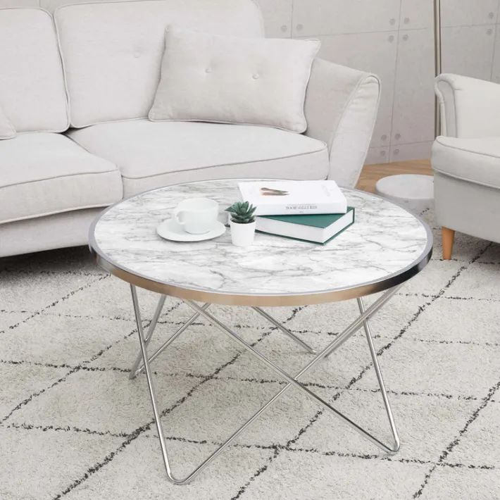 Teamson Home Margo Small Round Faux White Carrara Marble Coffee Table, White -FINAL SALE
