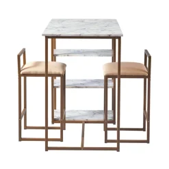 Teamson Home Marmo Modern Marble-Look Breakfast Table Set with 2 Stools and Storage, Marble/Brass- FINAL SALE