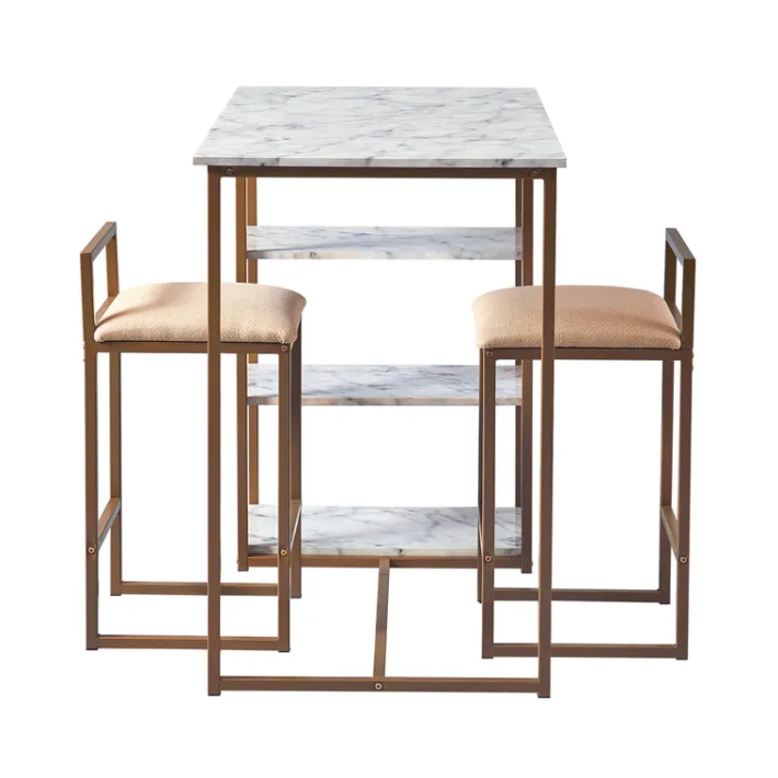 Teamson Home Marmo Modern Marble-Look Breakfast Table Set with 2 Stools and Storage, Marble/Brass- FINAL SALE