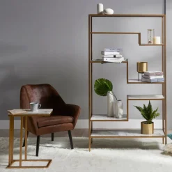 Teamson Home Marmo Modern Marble-Look C Shape Side Table, Marble/Brass- FINAL SALE