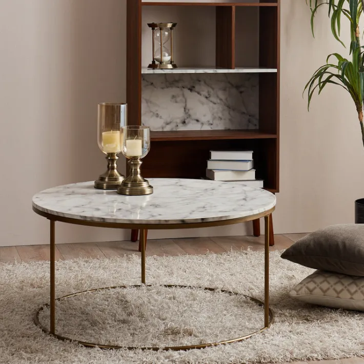 Teamson Home Marmo Modern Marble-Look Round Coffee Table, Marble/Brass- FINAL SALE