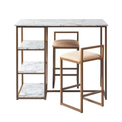 Teamson Home Marmo Modern Marble-Look Breakfast Table Set with 2 Stools and Storage, Marble/Brass- FINAL SALE
