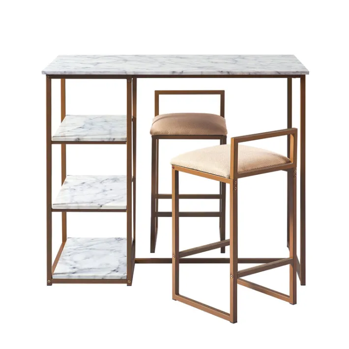 Teamson Home Marmo Modern Marble-Look Breakfast Table Set with 2 Stools and Storage, Marble/Brass- FINAL SALE