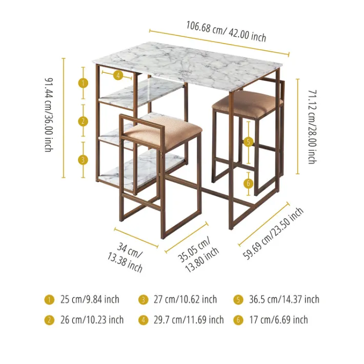 Teamson Home Marmo Modern Marble-Look Breakfast Table Set with 2 Stools and Storage, Marble/Brass- FINAL SALE
