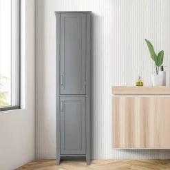 Teamson Home Mercer Freestanding Linen Cabinet with Two Doors, Gray