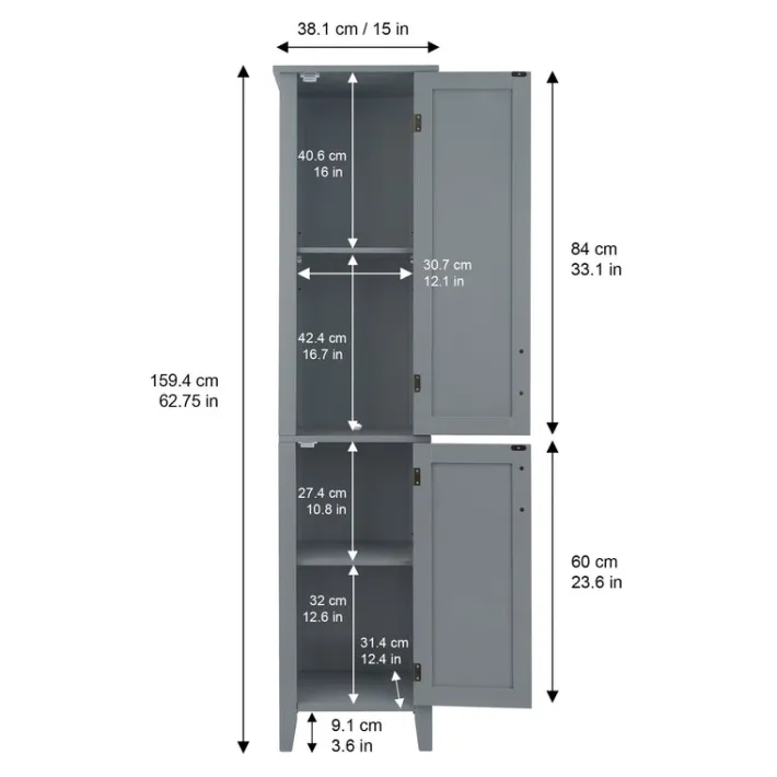 Teamson Home Mercer Freestanding Linen Cabinet with Two Doors, Gray