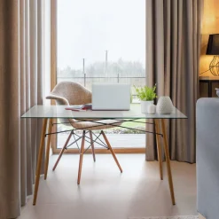 Teamson Home Minimalist Glass Top Dining Table with Wood Base, Natural- FINAL SALE