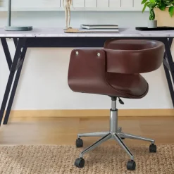 Teamson Home Modern PU Leather Office Chair with Adjustable Ergonomic Seat, Swivel Base, Brown/Chrome -FINAL SALE