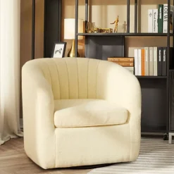 Teamson Home Monroe Faux Shearing Swivel Tub Chair with Channel Tufting, Ivory -FINAL SALE