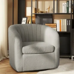 Teamson Home Monroe Faux Shearing Swivel Tub Chair with Channel Tufting, Gray