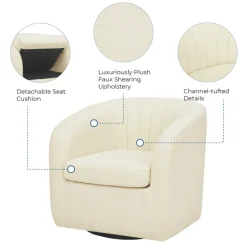 Teamson Home Monroe Faux Shearing Swivel Tub Chair with Channel Tufting, Ivory -FINAL SALE