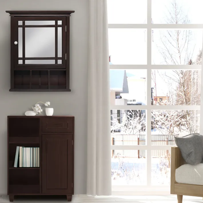 Teamson Home Neal Removable Medicine Cabinet with Mirrored Door and Open Shelf, Espresso