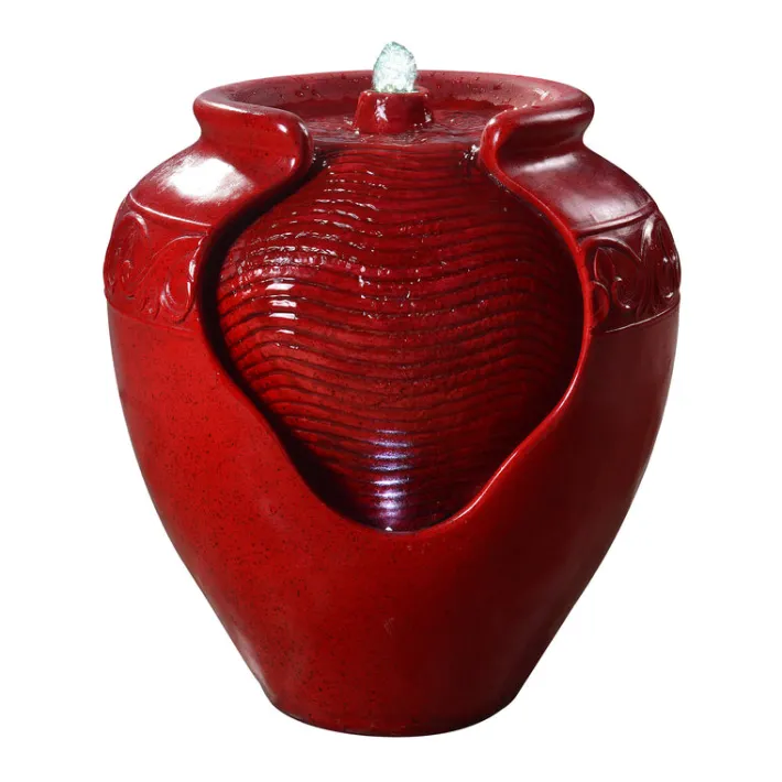Teamson Home Outdoor Glazed Pot Water Fountain with LED lights, Red