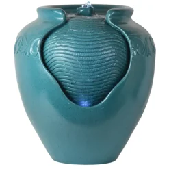 Teamson Home Outdoor Glazed Pot Floor Fountain with LED Light, Teal