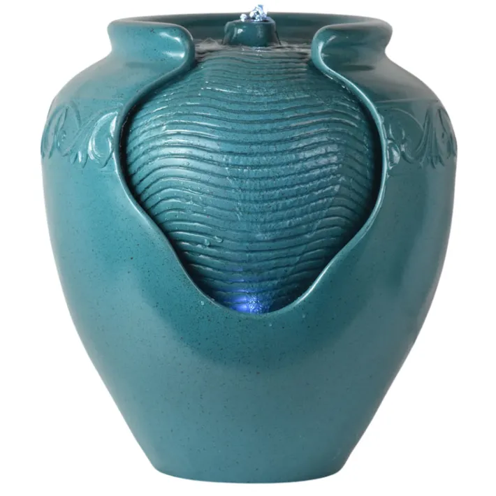 Teamson Home Outdoor Glazed Pot Floor Fountain with LED Light, Teal