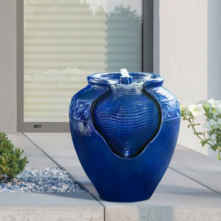 Teamson Home Outdoor Glazed Pot Fountain with LED Lights, Blue